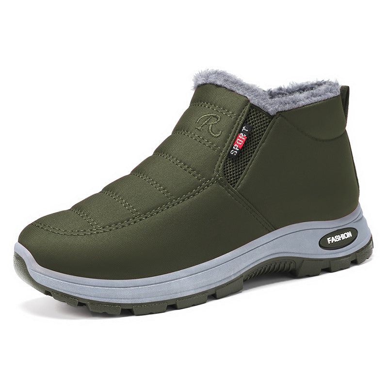 Green winter boot with gray lining on a white background