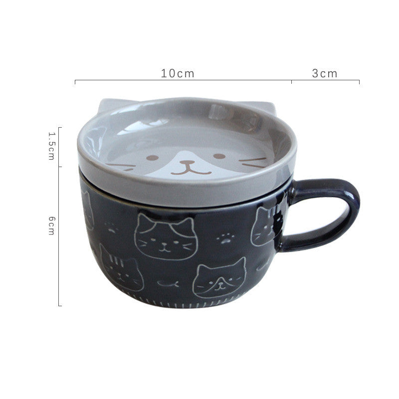 Cat-themed mug with lid on a white background, showing measurements.