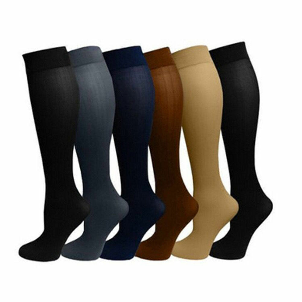 Set of six pairs of knee-high socks in black, gray, blue, brown, beige, and black on a white background.