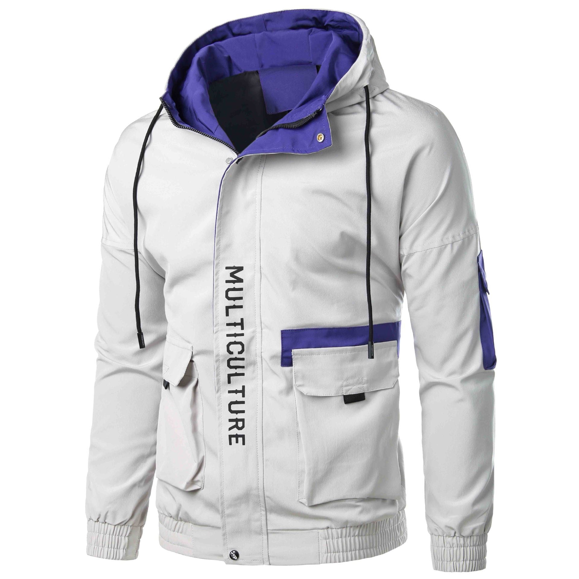 White jacket with purple accents and 'Multiculture' text on a white background