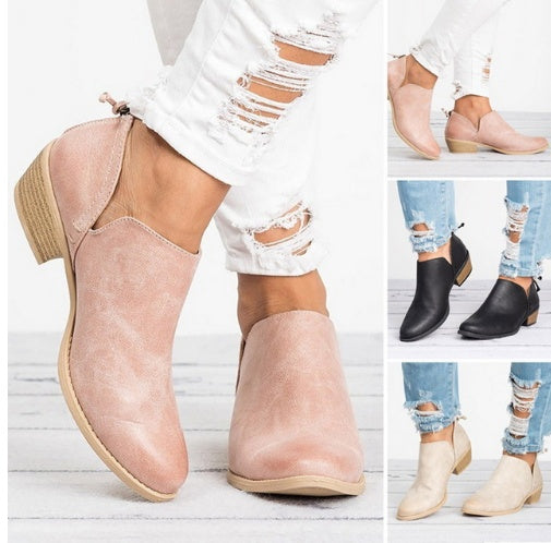 Collage of women's shoes in various colors worn with distressed jeans on a light wooden floor.