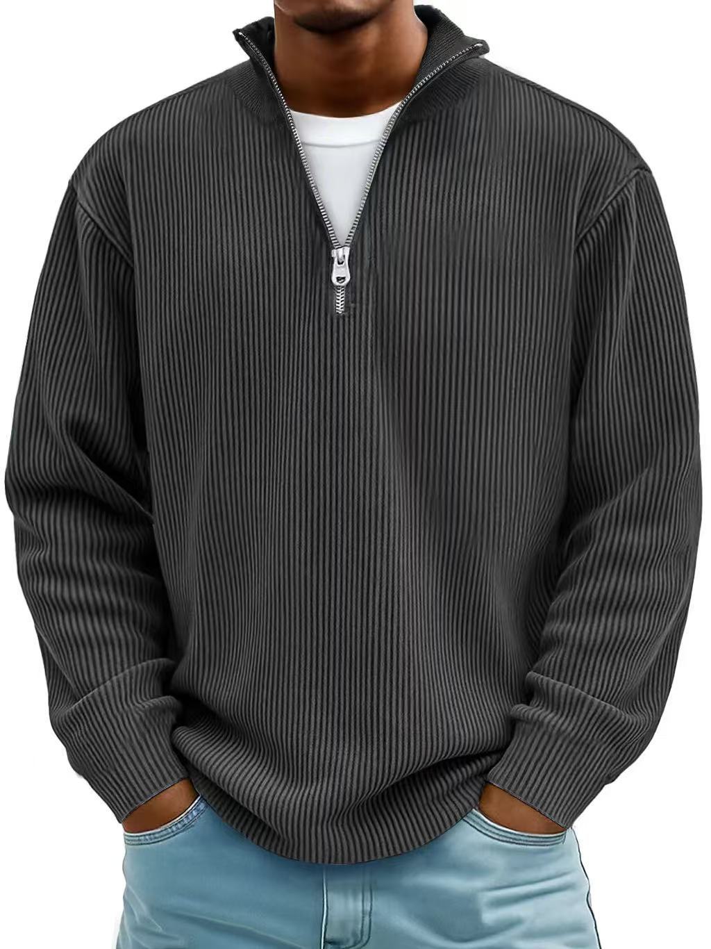 Corduroy Zipper Stand Collar Sweatshirt - AmiraMart