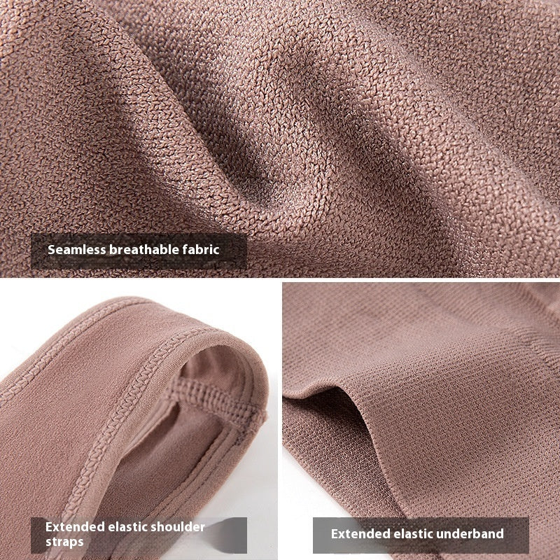 Close-up of brown fabric with text highlighting features like breathable material and extended elastic straps.