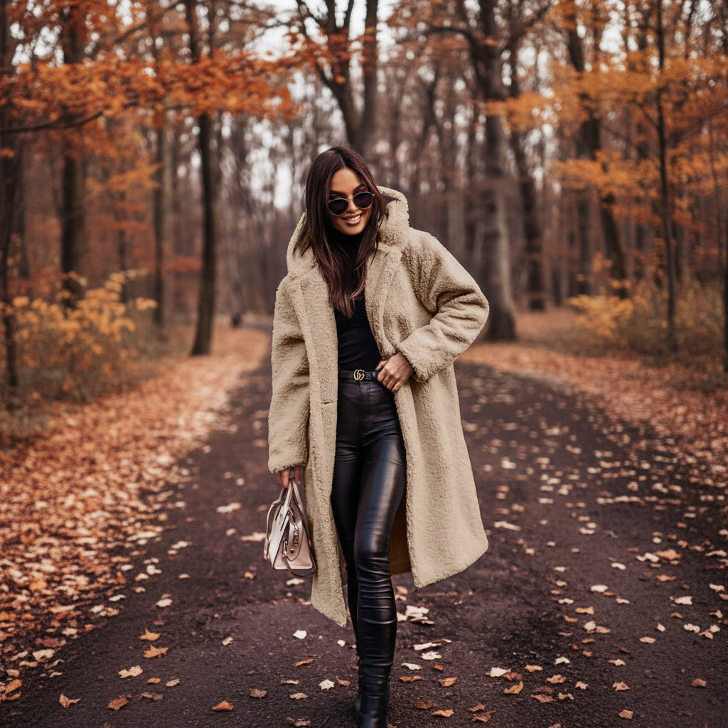 Woman wearing a long beige coat in a forest setting
