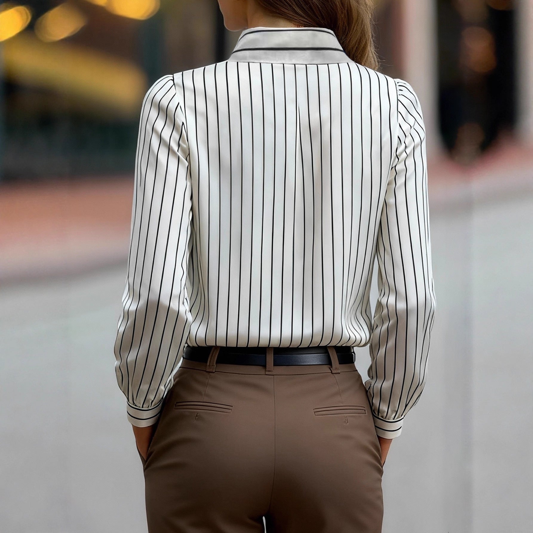 Person wearing a white shirt with black vertical stripes and brown pants in an urban setting