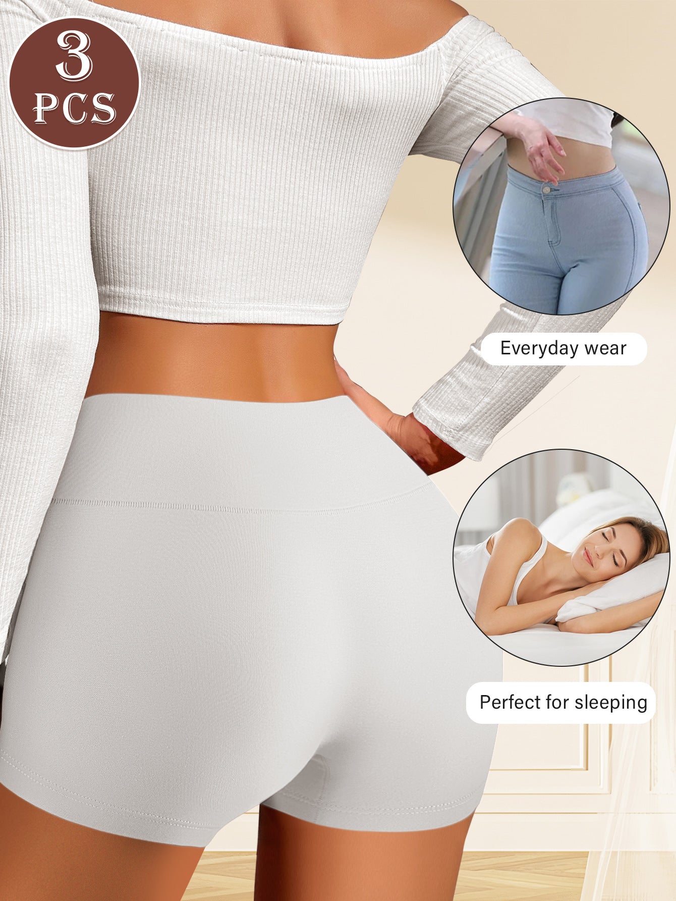 Woman wearing a white top and gray shorts with insets showing 'Everyday wear' and 'Perfect for sleeping'.