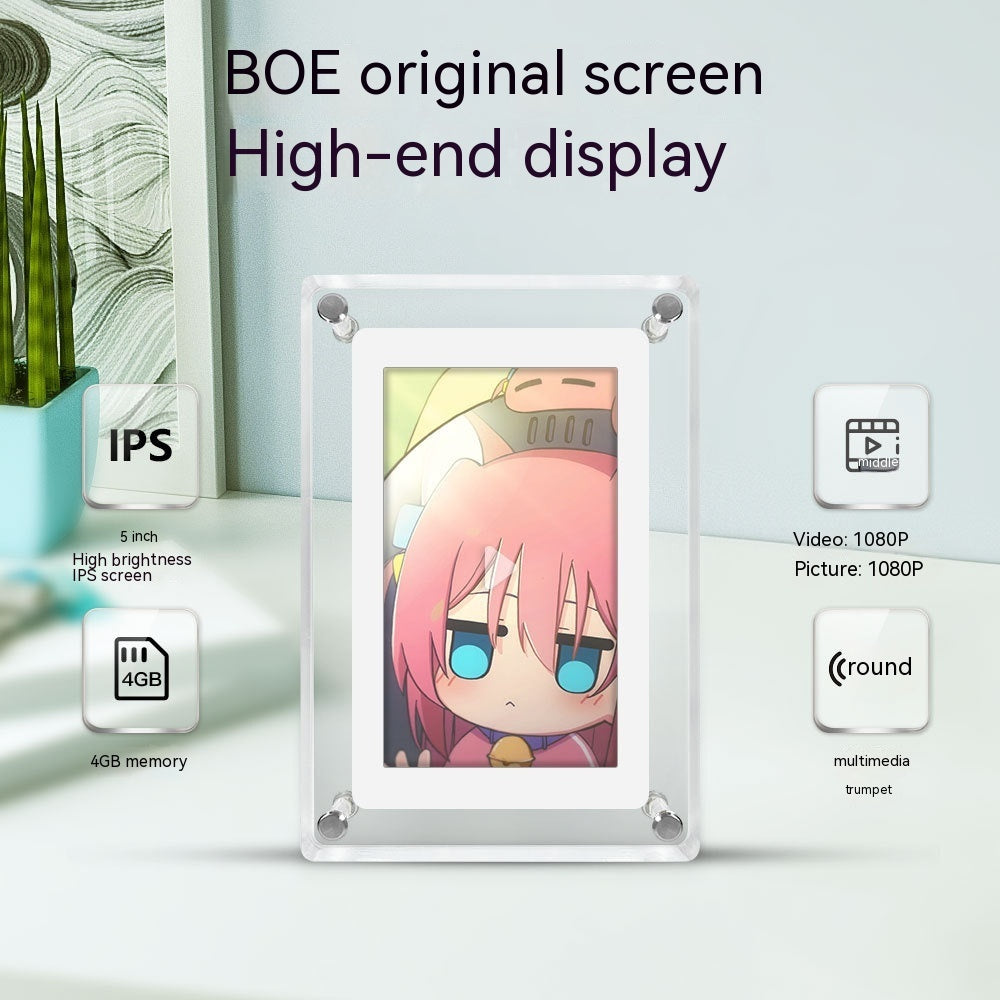 Digital display with anime character, BOE original screen branding, and technical specifications on a light background.