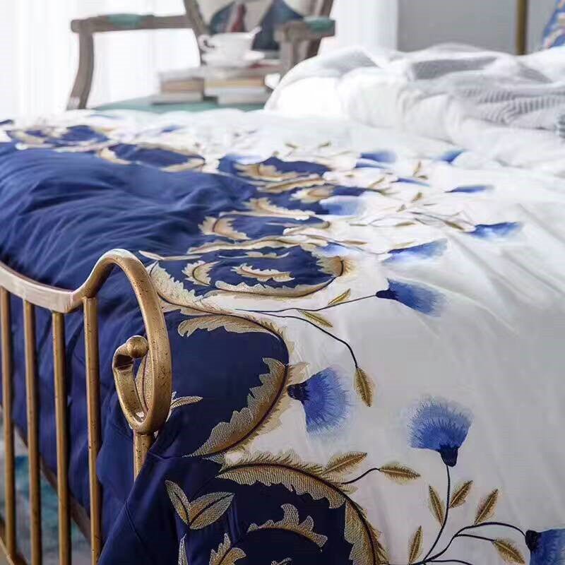 60's Satin Embroidered Flower Four - piece Cotton Quilt Cover - AmiraMart