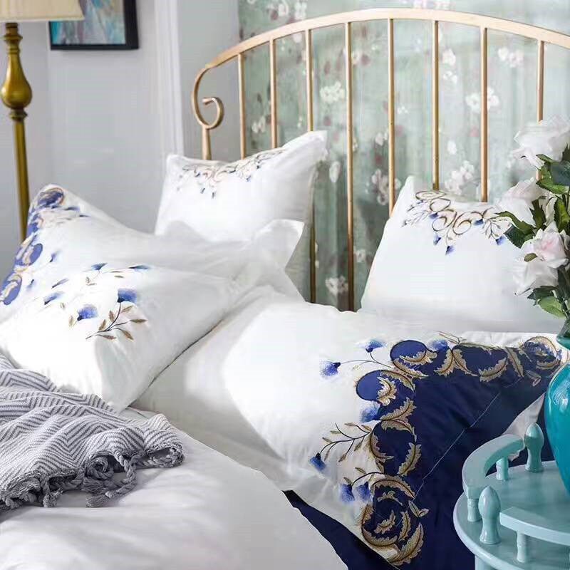60's Satin Embroidered Flower Four - piece Cotton Quilt Cover - AmiraMart