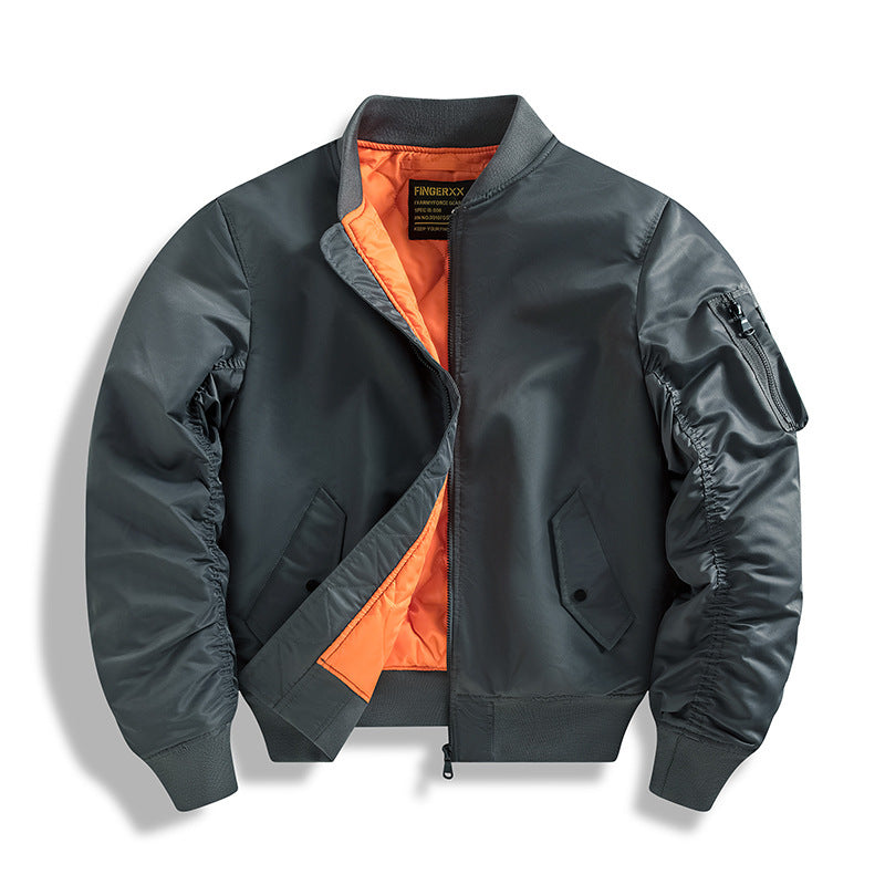 Gray bomber jacket with orange lining on a white background