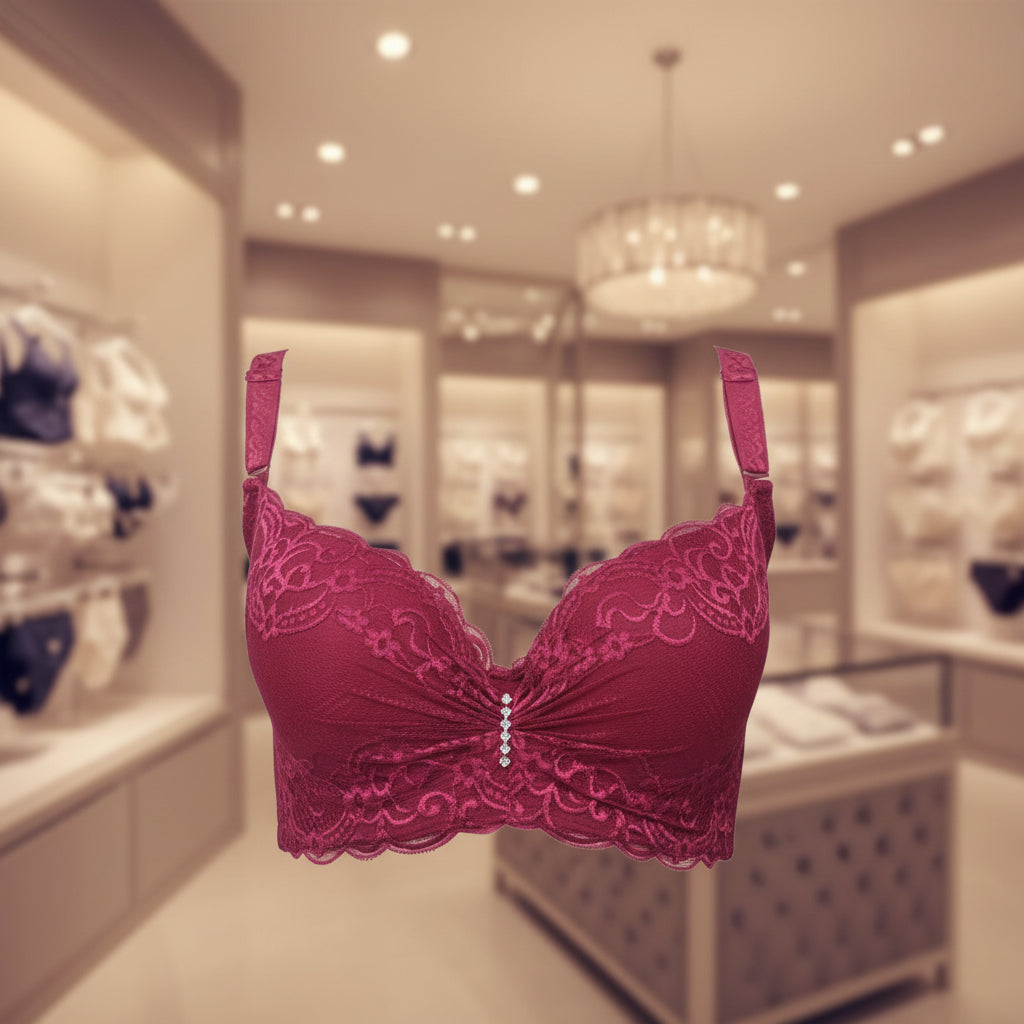 Red lace bra on a white background