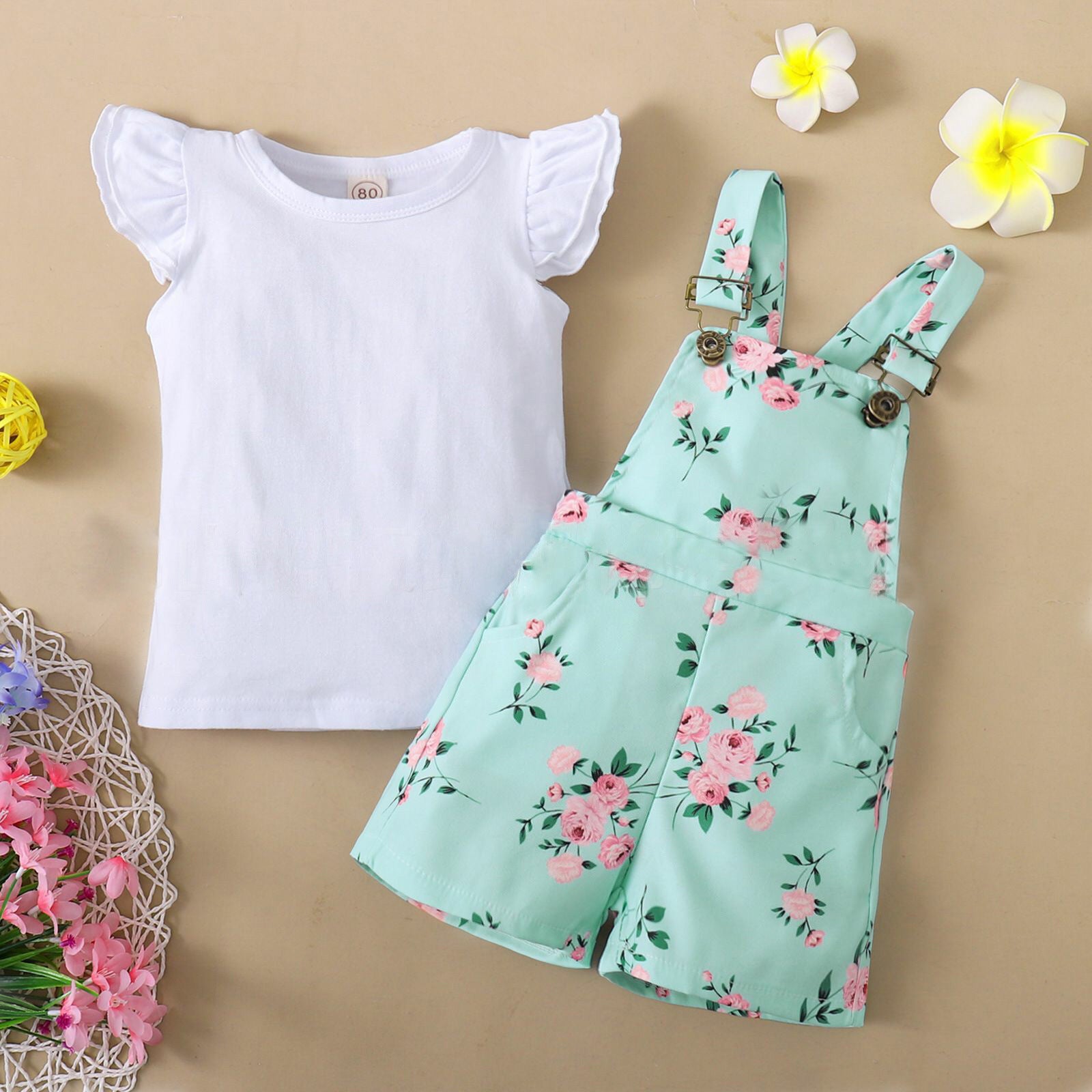 Floral Suspender Pants Suit with Short-Sleeve T-shirt - AmiraMart