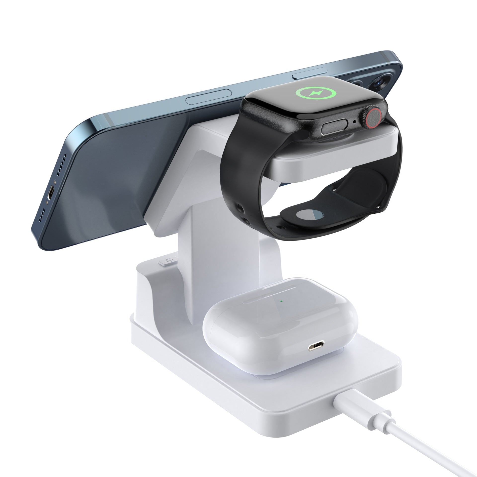 Multi-device charging stand with smartphone, smartwatch, and wireless earbuds on a white background