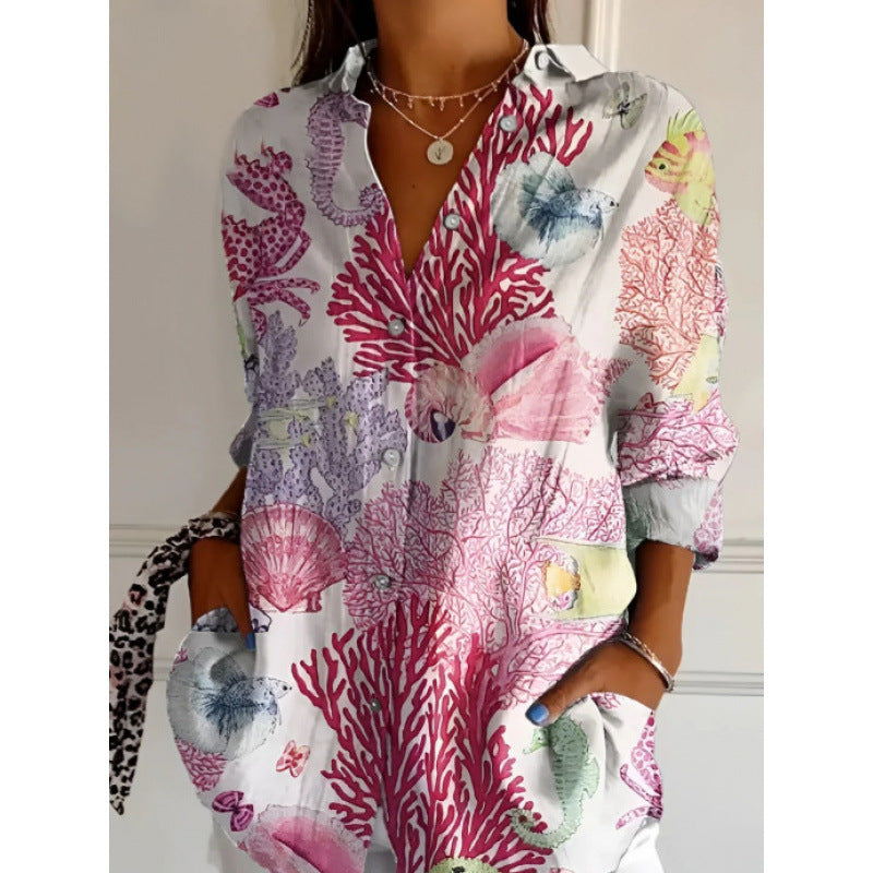 Floral Print Long-sleeved Shirt - AmiraMart
