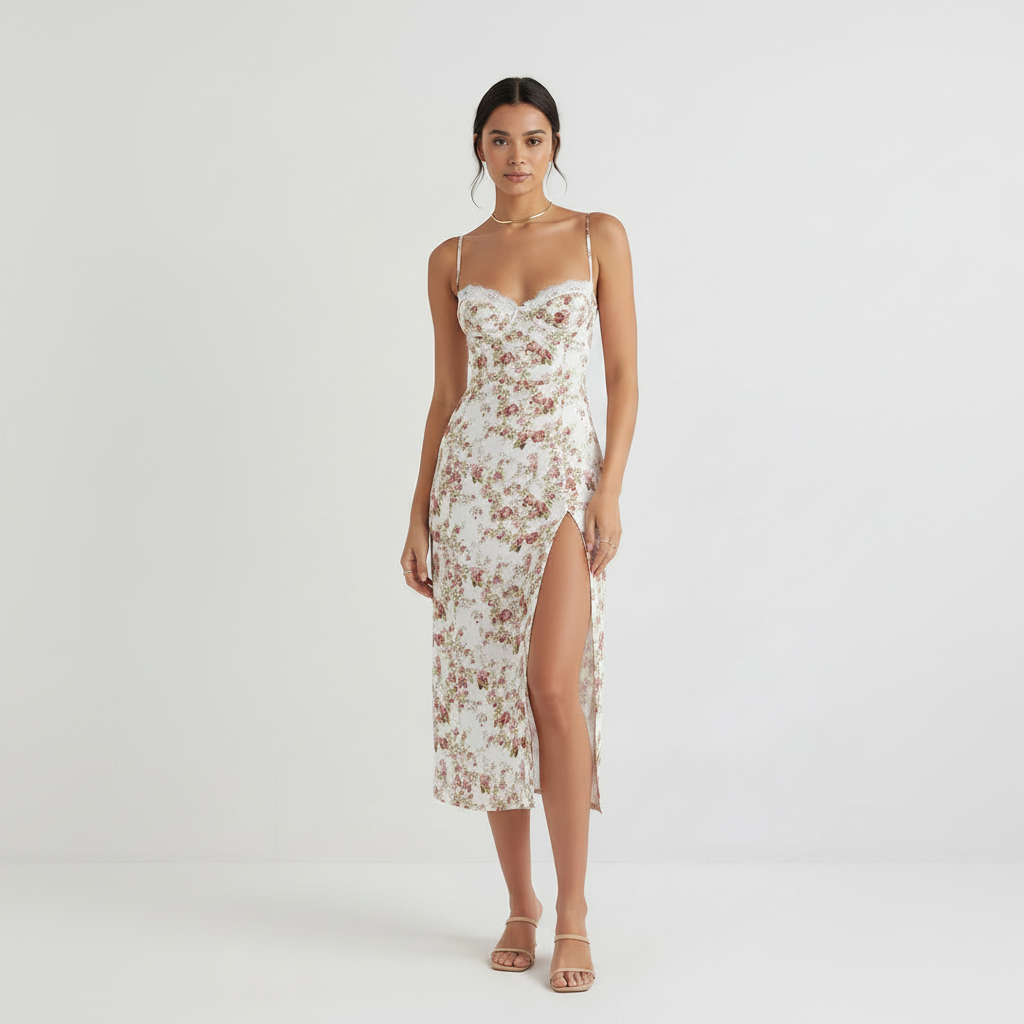 A woman modeling a white spaghetti-strap midi dress with a pink and green floral print and a thigh-high side slit, set against a plain light gray studio background.