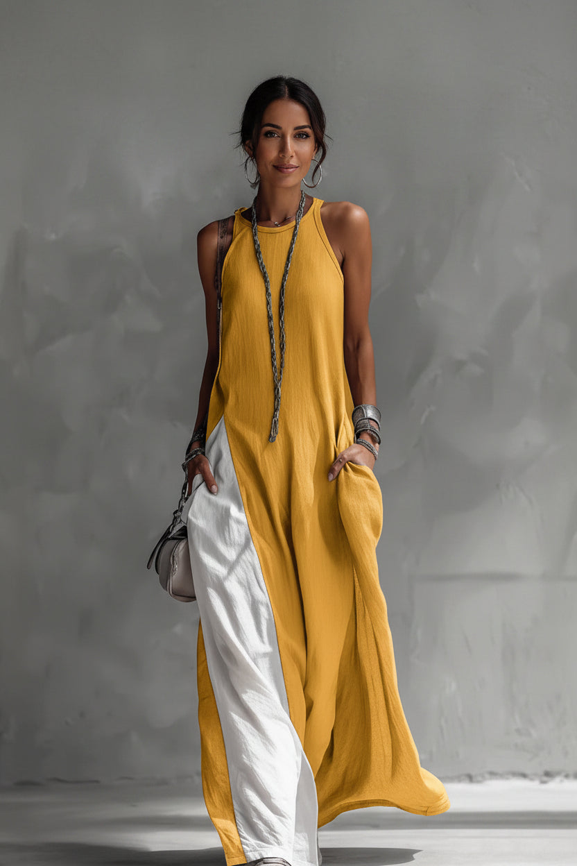 Woman wearing a yellow and white dress against a gray background