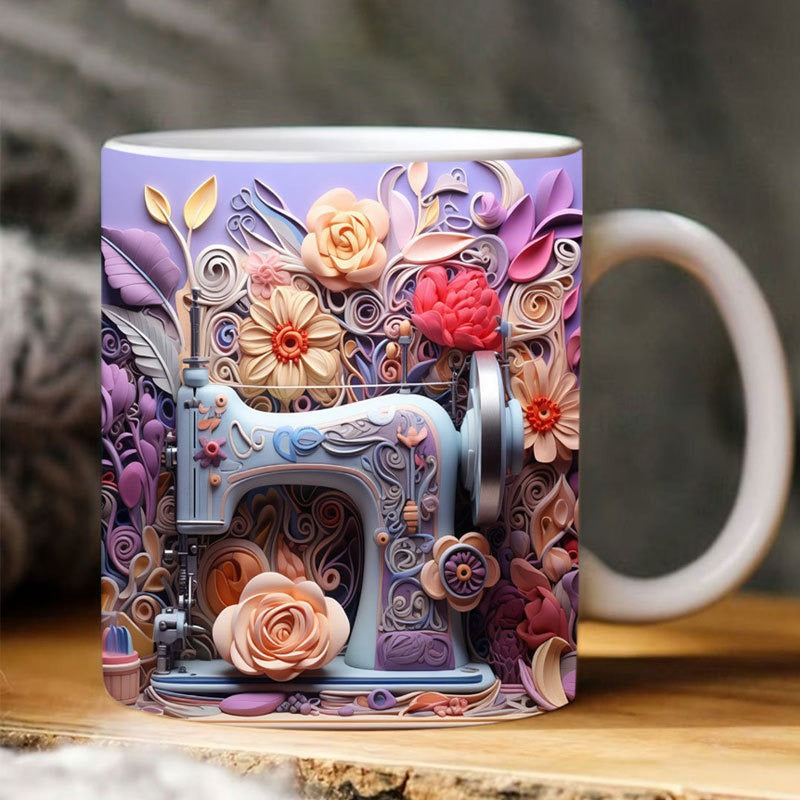 Mug with a colorful sewing machine and floral design on a wooden surface.