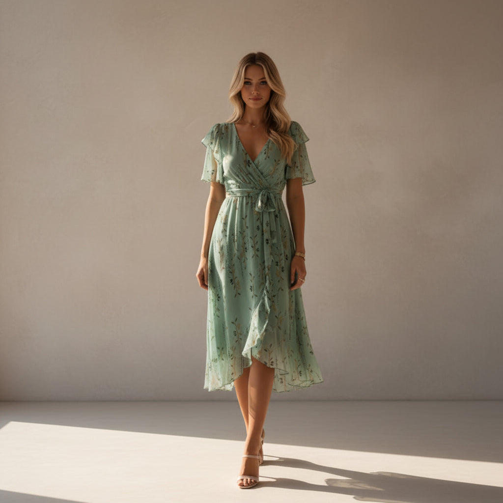 Woman wearing a light green dress with floral pattern on a white background