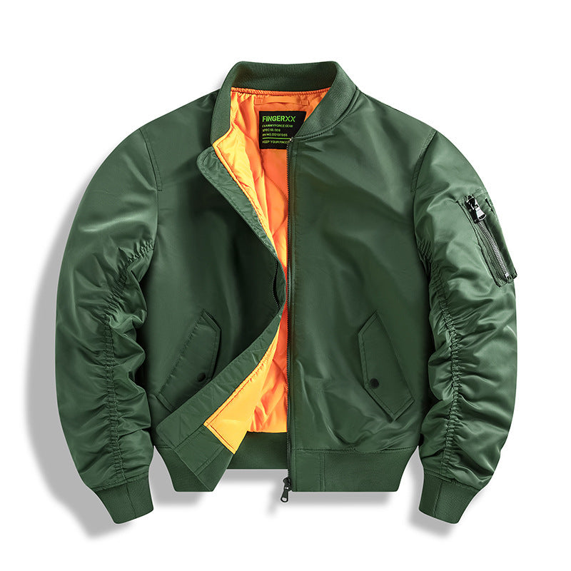 Green bomber jacket with orange lining on a white background