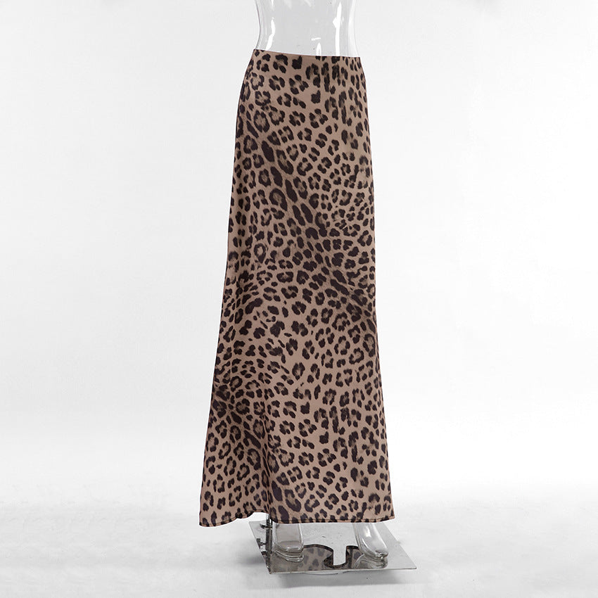 Leopard print skirt on a mannequin against a white background