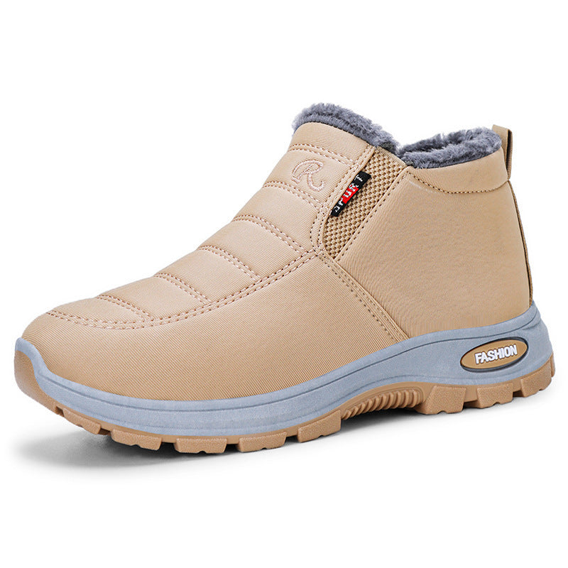 Beige winter boot with gray lining and sole on a white background