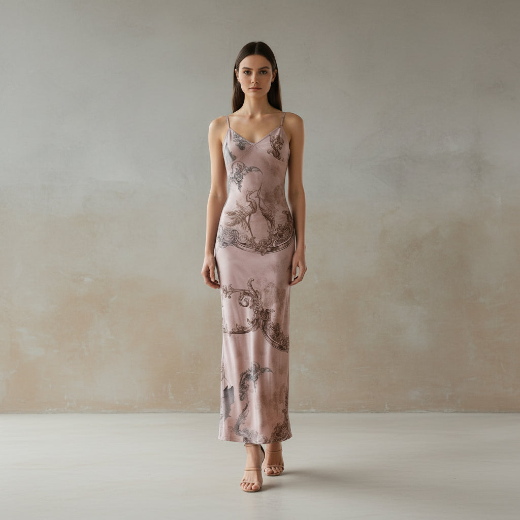Long dress with intricate pattern on a white background