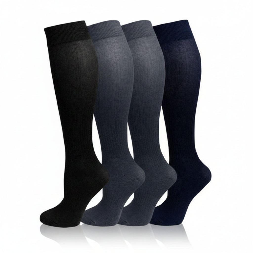 Three pairs of knee-high socks in black, gray, and navy on a white background