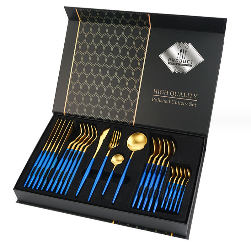 High-quality polished cutlery set with blue handles in a black box packaging.