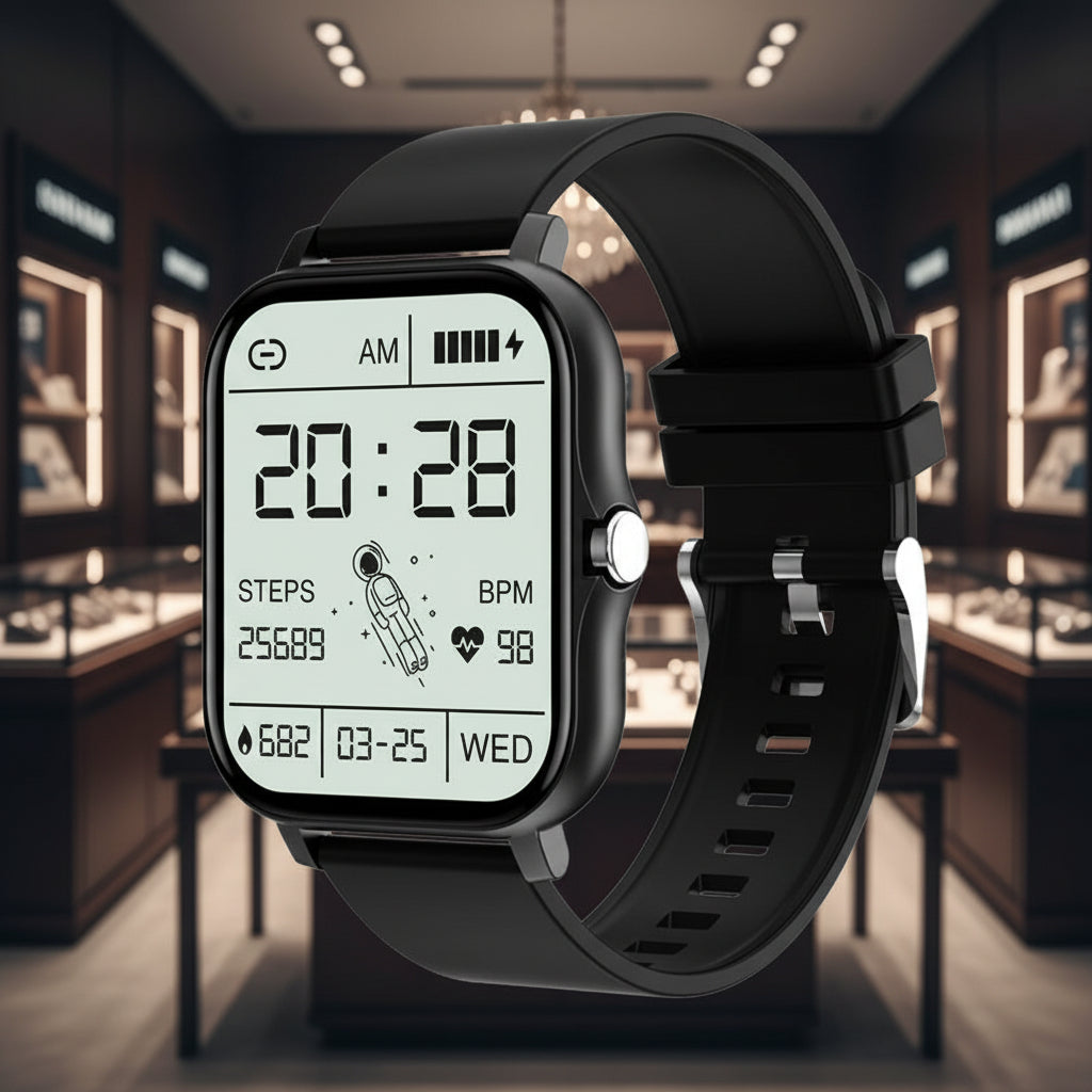 Black digital smartwatch with a white display on a white background