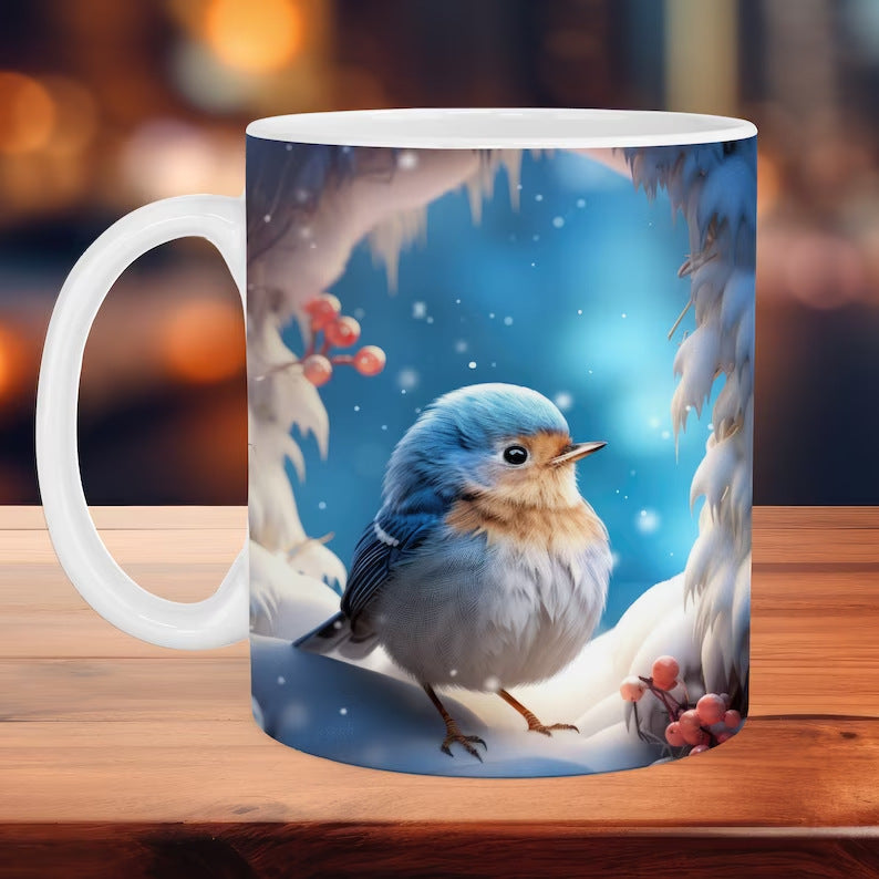 Mug with a winter scene featuring a bird on a wooden surface