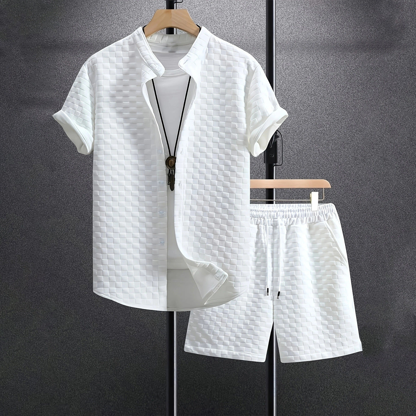 Men's Jacquard Casual Short Sleeve Shirt Outfit - AmiraMart