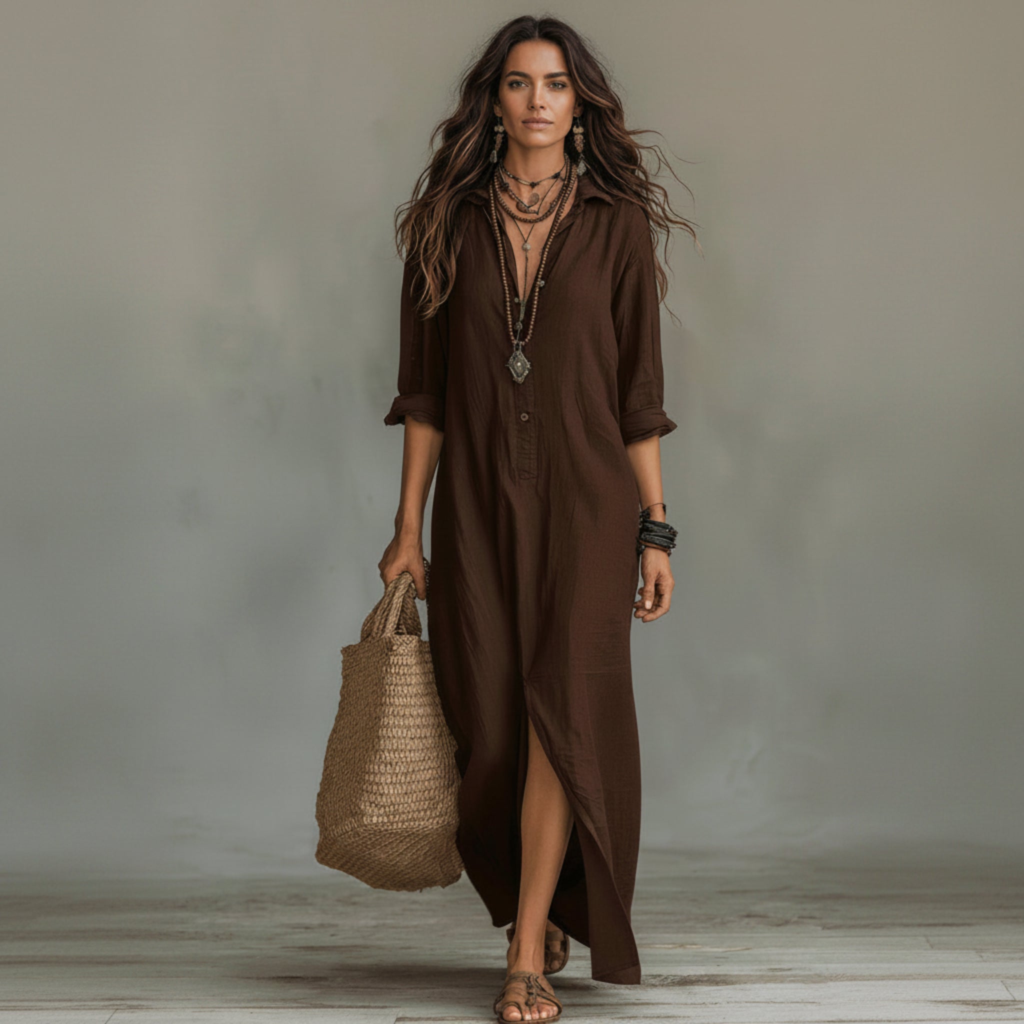 Woman wearing a brown dress holding a woven bag against a neutral background