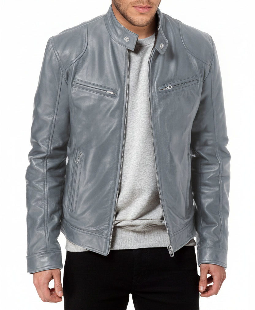 Gray leather jacket worn by a person on a white background