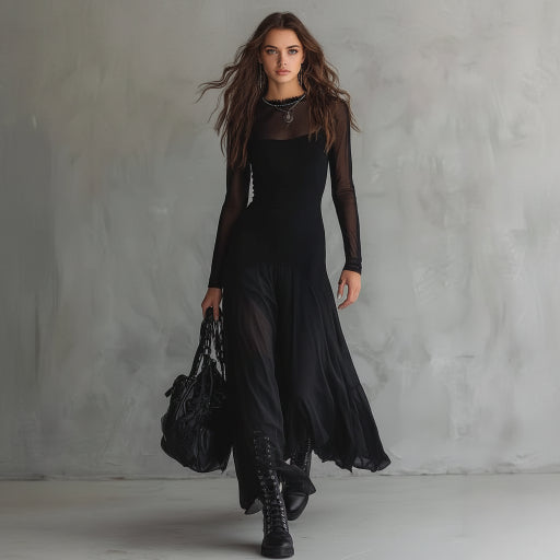 Woman wearing a black dress and holding a black bag against a gray background