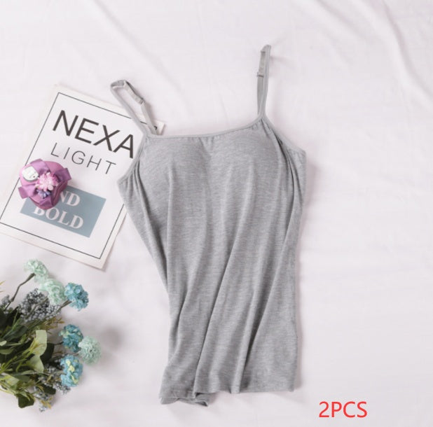 Gray spaghetti strap top on a white background with 'Nexa' branding and flowers.