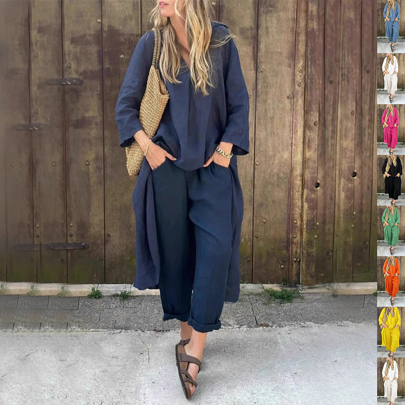 Loose V-neck Long Top and High Waist Wide Leg Pants - AmiraMart