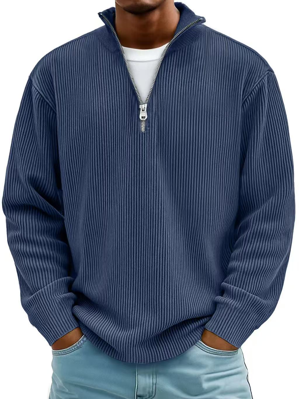 Corduroy Zipper Stand Collar Sweatshirt - AmiraMart