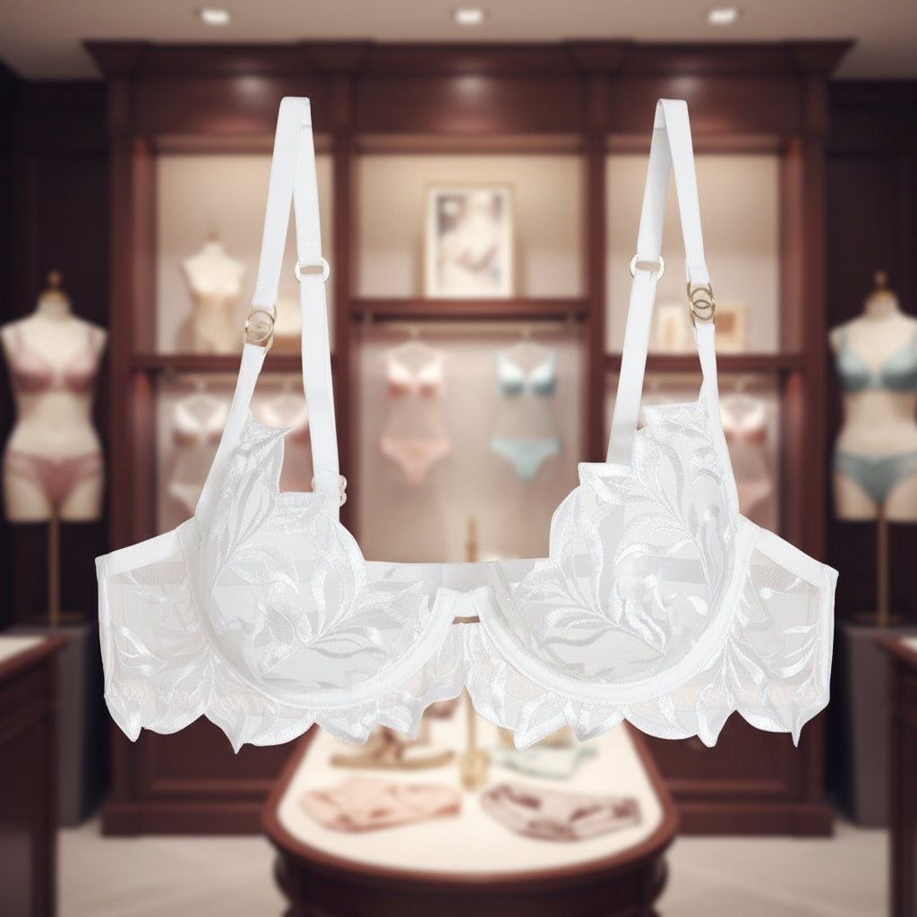 White lace bra on a gray background