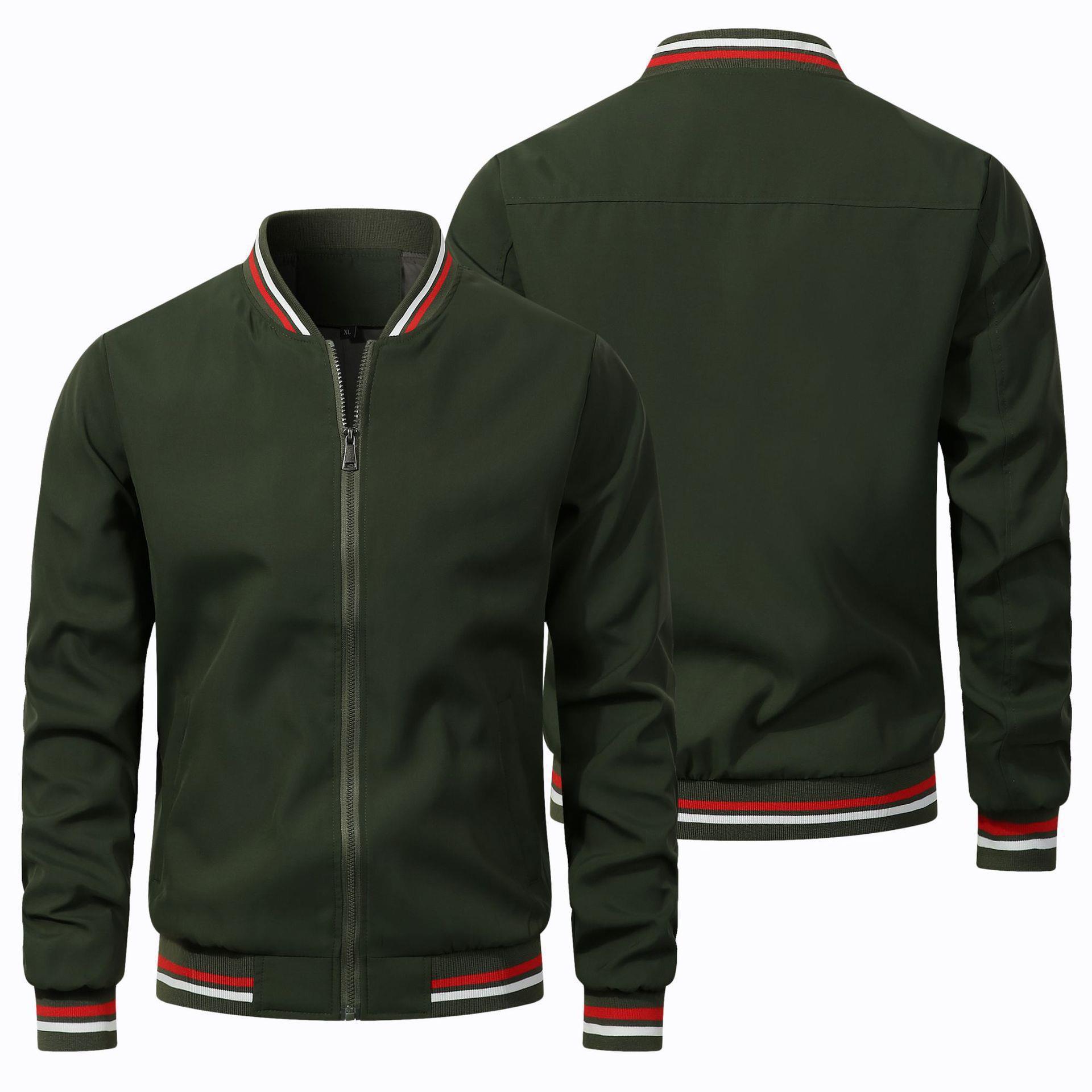 Green bomber jacket with red and white trim on a white background