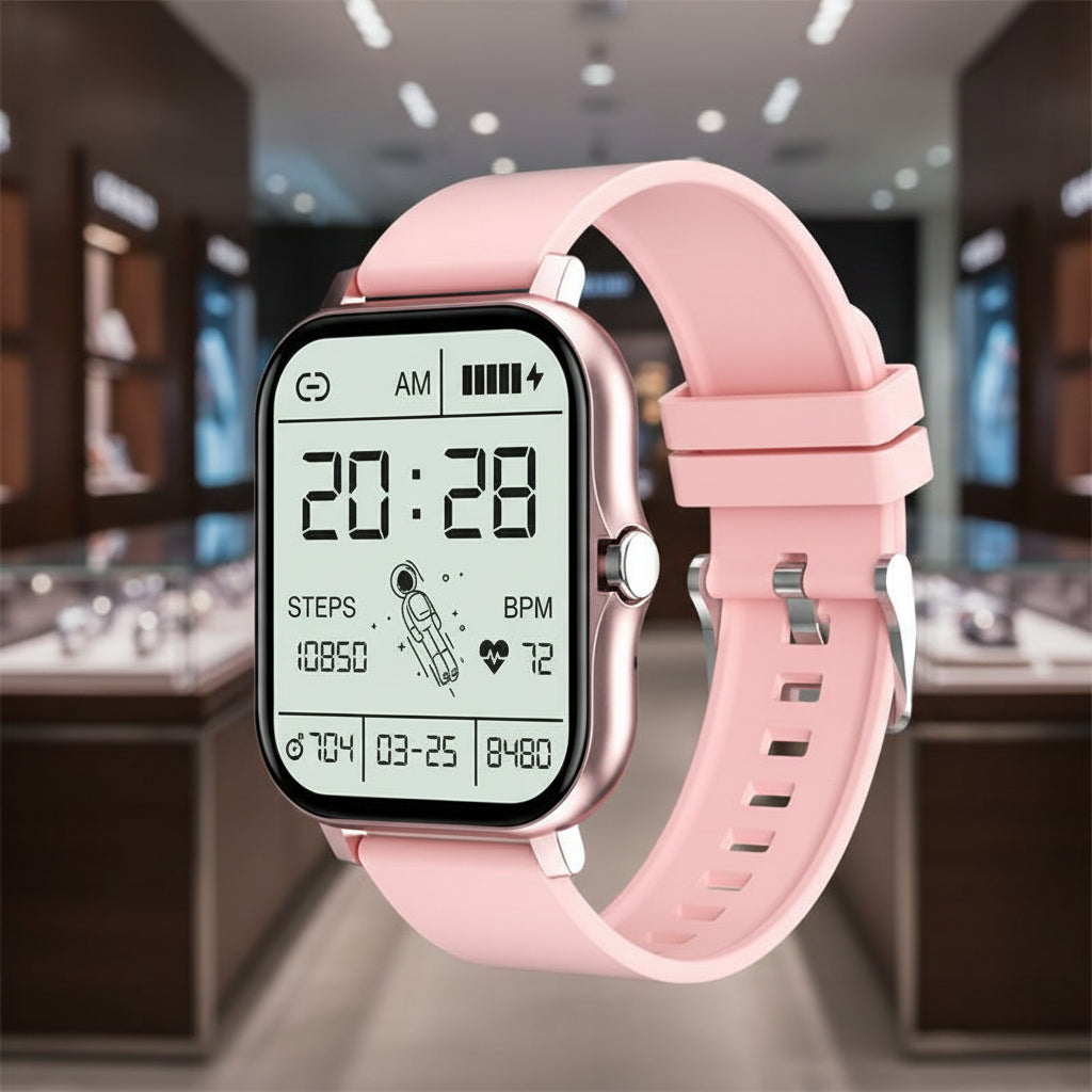 Pink smartwatch with digital display on a white background
