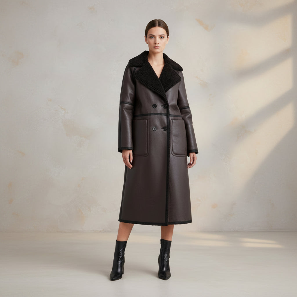 Brown leather coat with black lining on a hanger against a white background