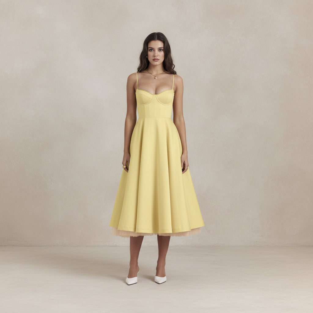 Woman wearing a yellow dress with a white background