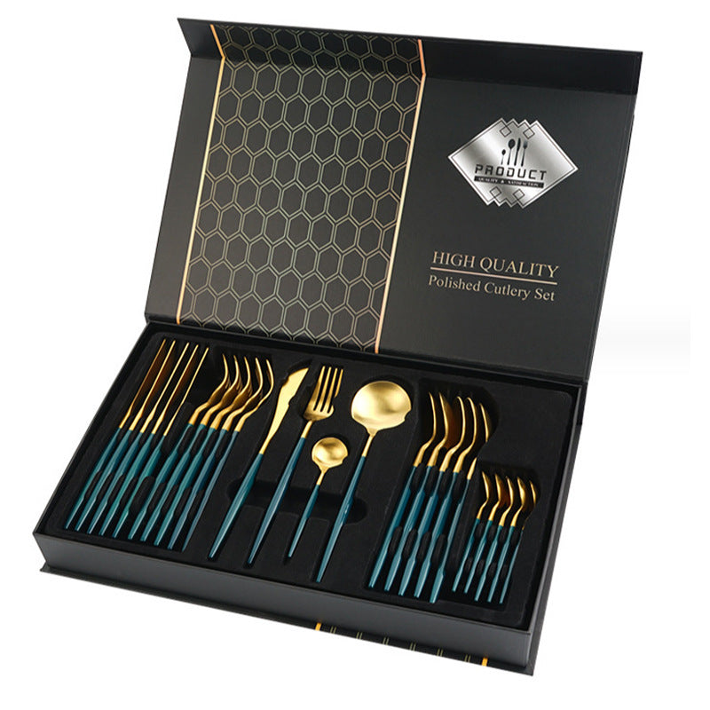 High-quality polished cutlery set with gold and blue accents in a black box packaging.