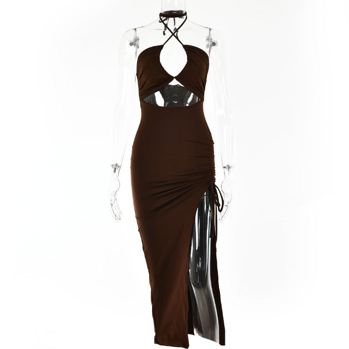 Brown evening gown on a mannequin against a white background