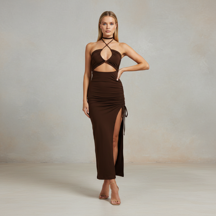 A woman modeling a dark brown halter-neck maxi dress with a cutout at the bust, ruched side detailing, and a thigh-high side slit, set against a neutral textured studio backdrop.