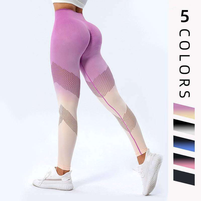 Gradient leggings in pink and beige with color swatches on a white background