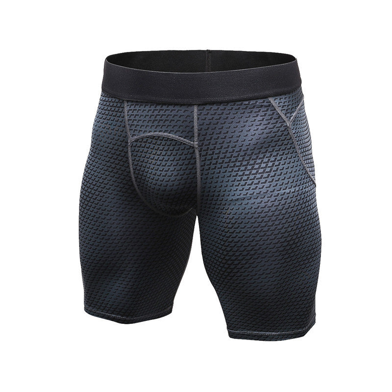 Black and gray patterned compression shorts on a white background