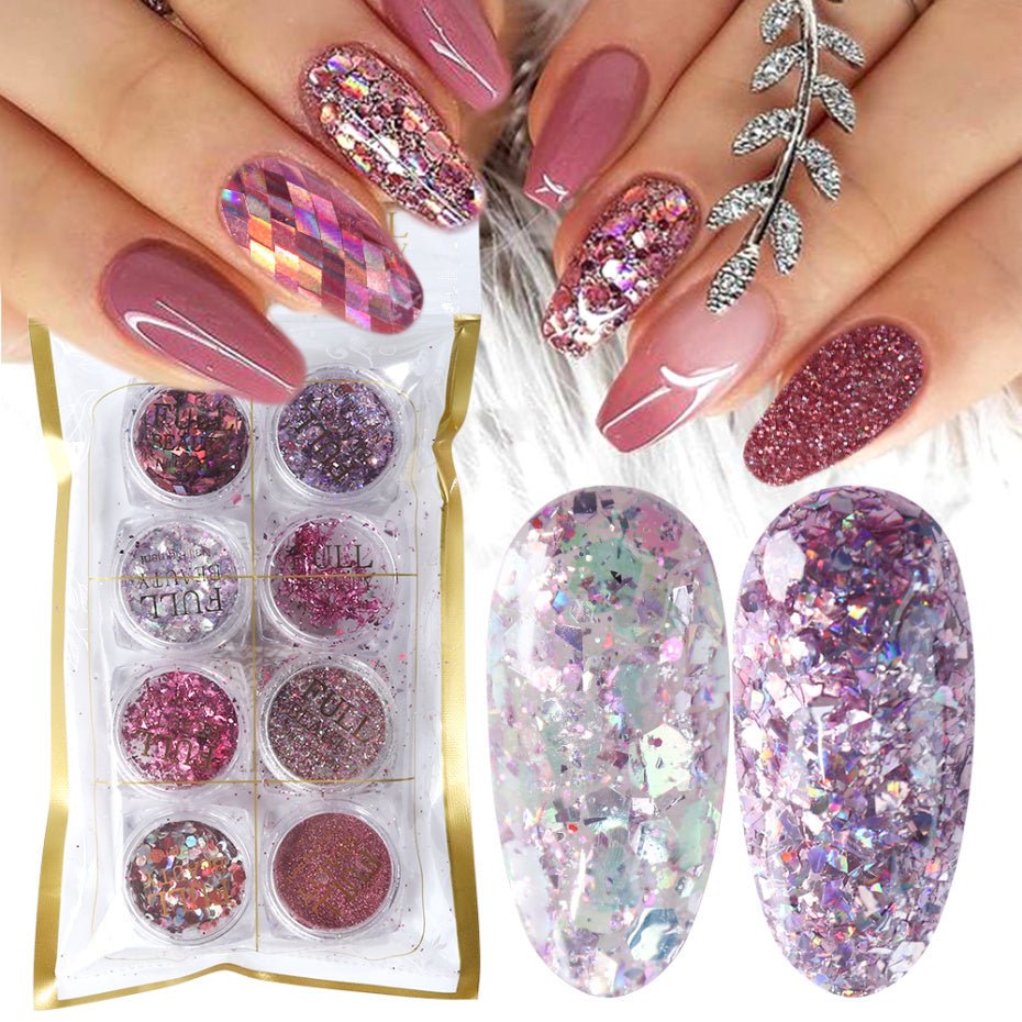 8 Box Mix Glitter Nail Art Powder Flakes Set - AmiraMart