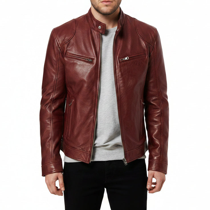 Red leather jacket worn by a person on a white background