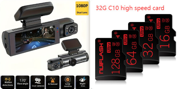 Car dashboard camera with dual lens and 32G high-speed memory cards on a white background